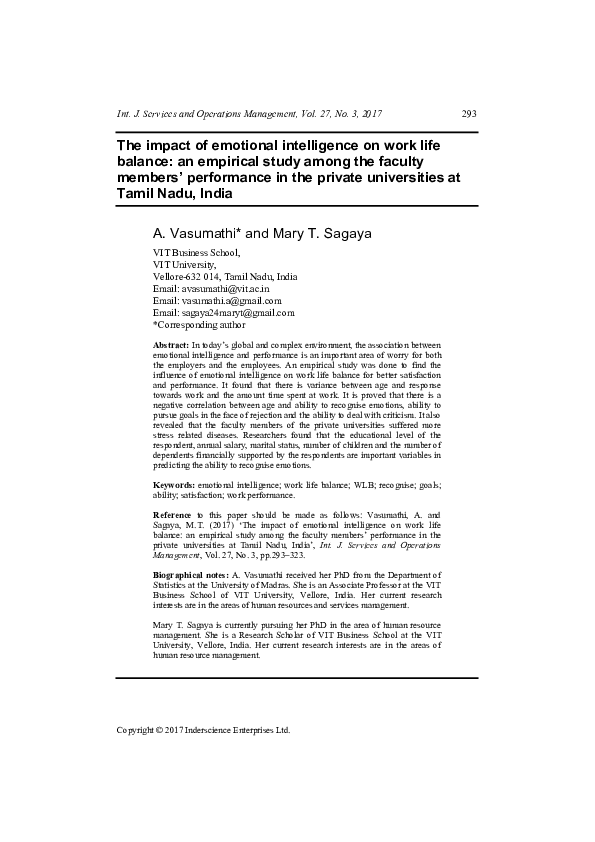 (PDF) Impact of Emotional Intelligence on Work Life Balance Among ...