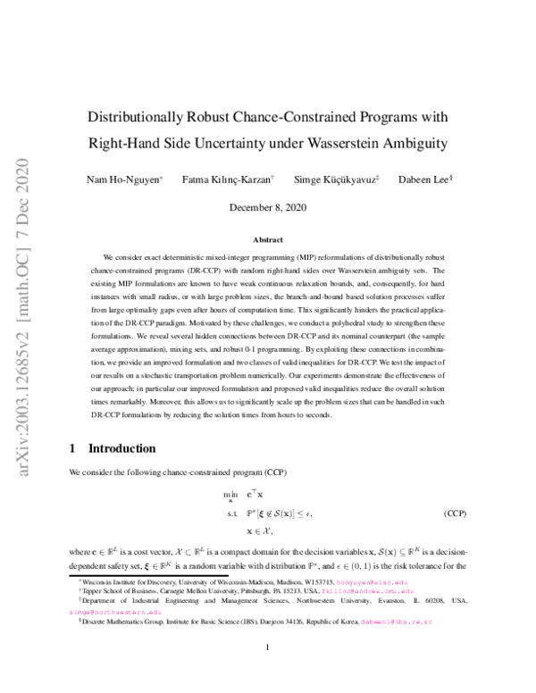 (PDF) Distributionally Robust Chance-Constrained Programs with Right ...