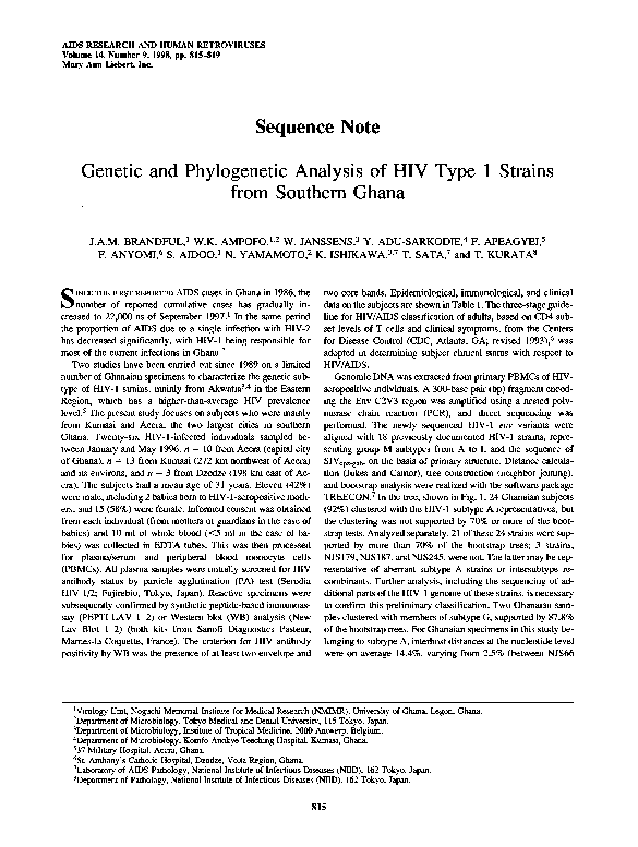 (PDF) Sequence Note : Genetic and Phylogenetic Analysis of HIV Type 1 ...