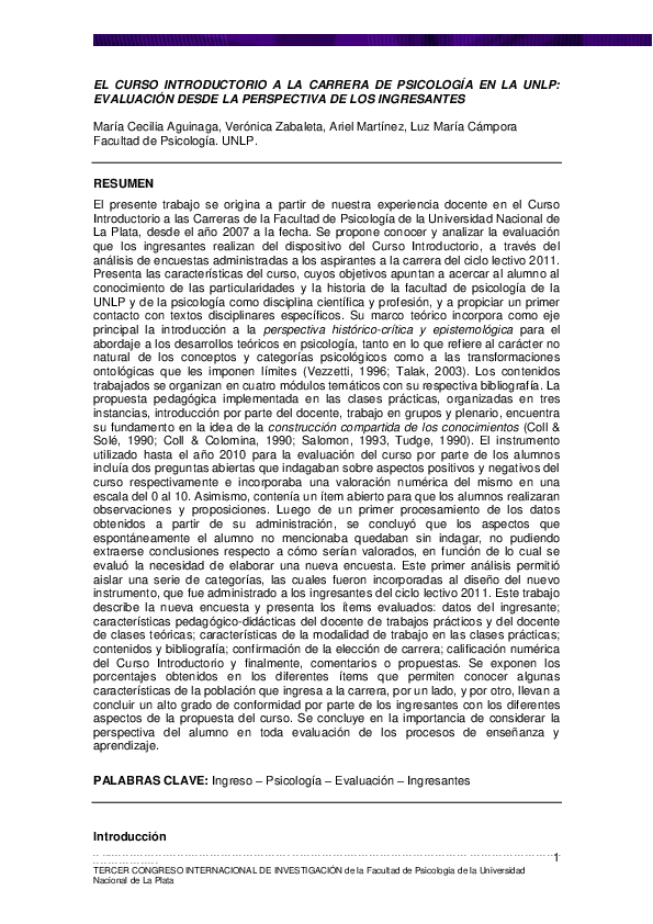 (PDF) El curso introductorio a la carrera de Psicología en la UNLP ...