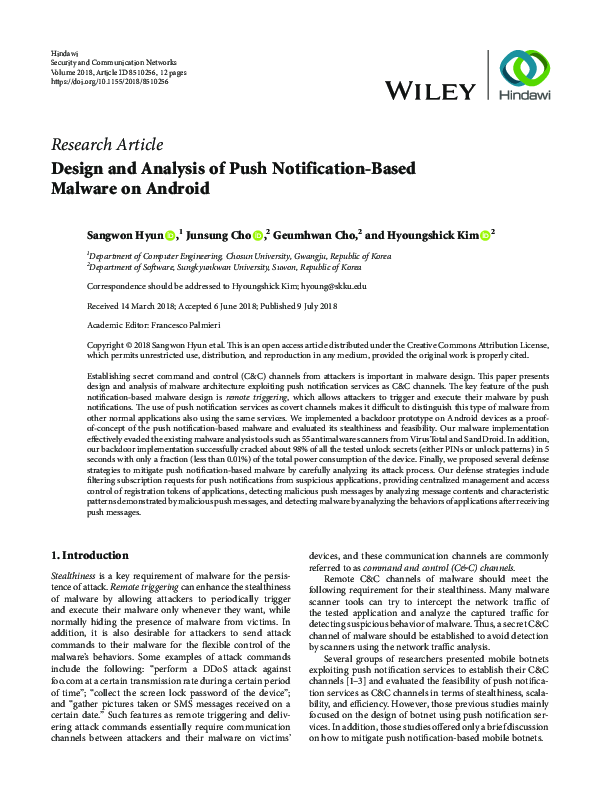 (PDF) Design and Analysis of Push Notification-Based Malware on Android