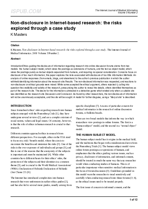 (PDF) Non-disclosure in Internet-based research: the risks explored ...