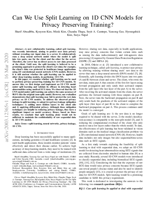 (PDF) Can We Use Split Learning on 1D CNN Models for Privacy Preserving ...