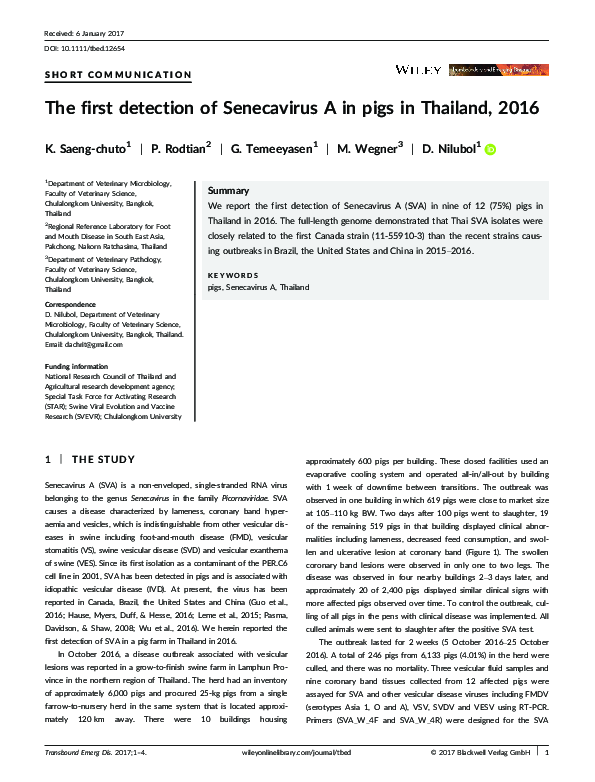 (PDF) The first detection of Senecavirus A in pigs in Thailand, 2016