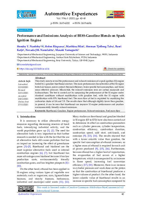 (PDF) Performance and Emissions Analysis of BE85-Gasoline Blends on ...