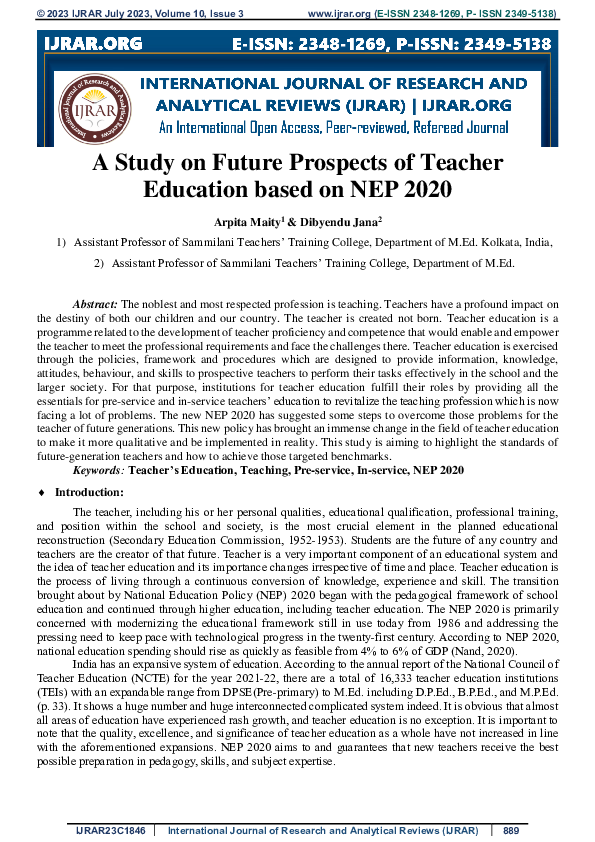 (PDF) A Study on Future Prospects of Teacher Education based on NEP 2020