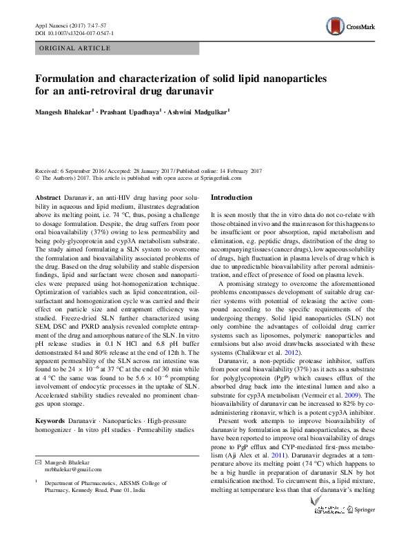 (PDF) Formulation and characterization of solid lipid nanoparticles for ...