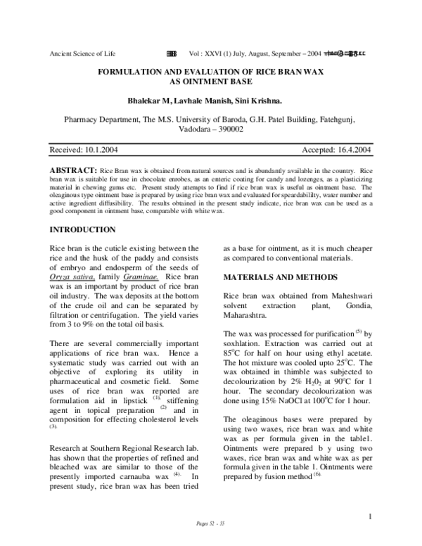 (PDF) Formulation and evaluation of rice bran wax as ointment base