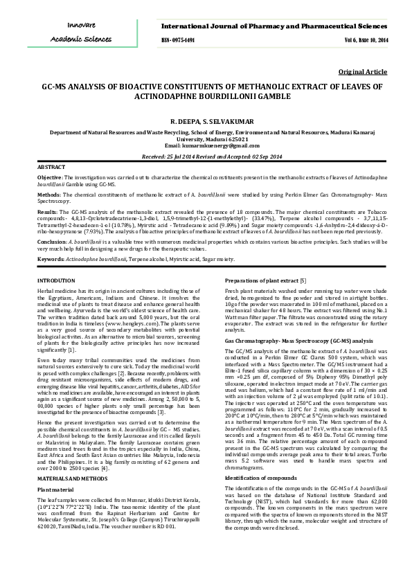 (PDF) GC-MS ANALYSIS OF BIOACTIVE CONSTITUENTS OF METHANOLIC EXTRACT OF ...