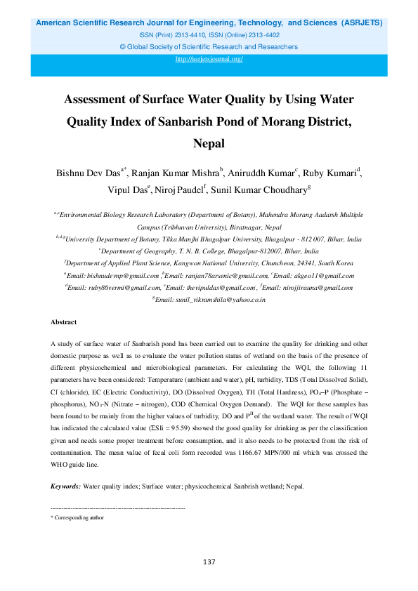 (PDF) Assessment of Surface Water Quality by Using Water Quality Index ...