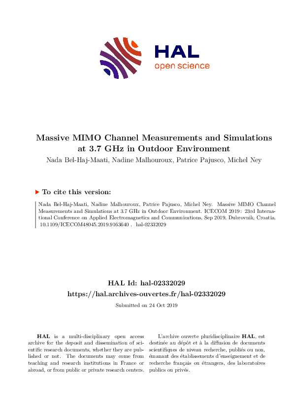 (PDF) Massive MIMO Channel Measurements and Simulations at 3.7 GHz in ...