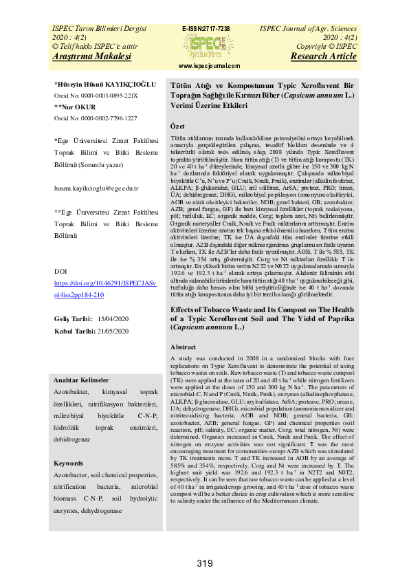 (PDF) Tütün Atığı ve Kompostunun Typic Xerofluvent Bir Toprağın Sağlığı ...