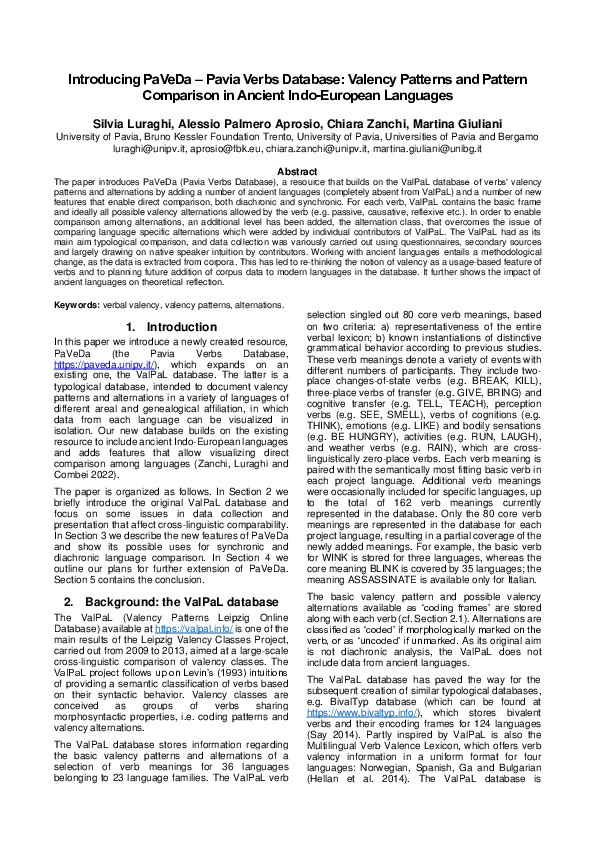 (PDF) Introducing PaVeDa -Pavia Verbs Database: Valency Patterns and ...