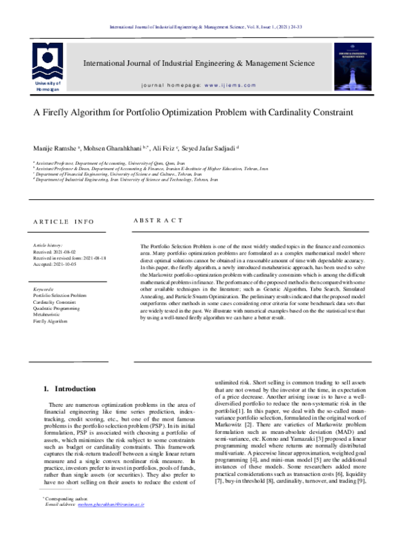 (PDF) A firefly algorithm for portfolio optimization problem with ...