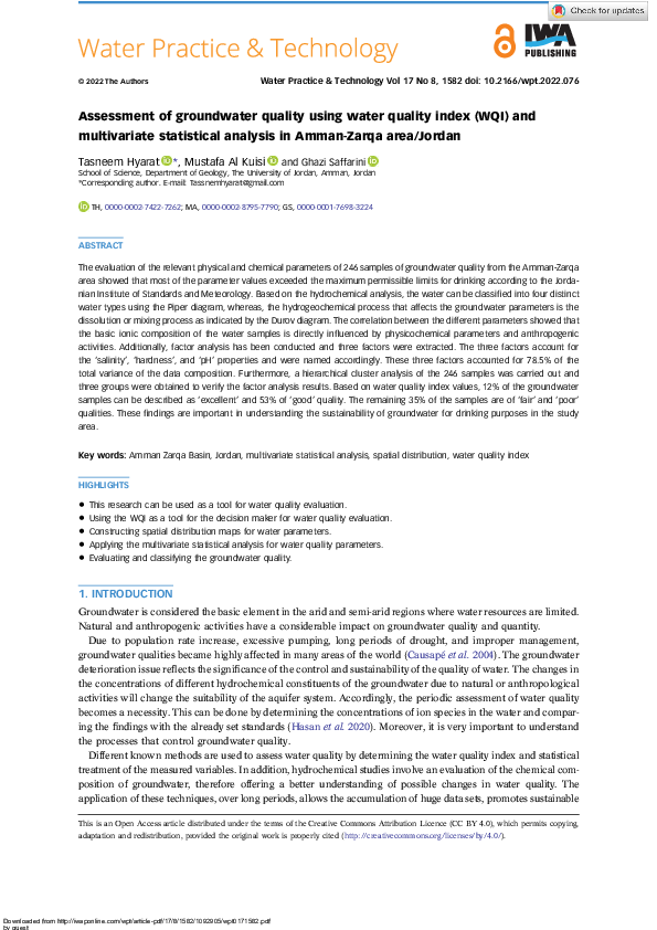 (PDF) Assessment of groundwater quality using water quality index (WQI ...