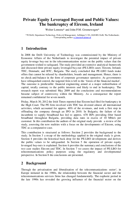 (PDF) Private Equity Leveraged Buy-Outs and Public Values: The ...