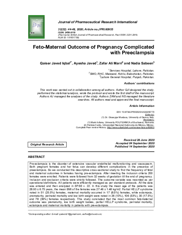 (PDF) Feto-Maternal Outcome of Pregnancy Complicated with Preeclampsia