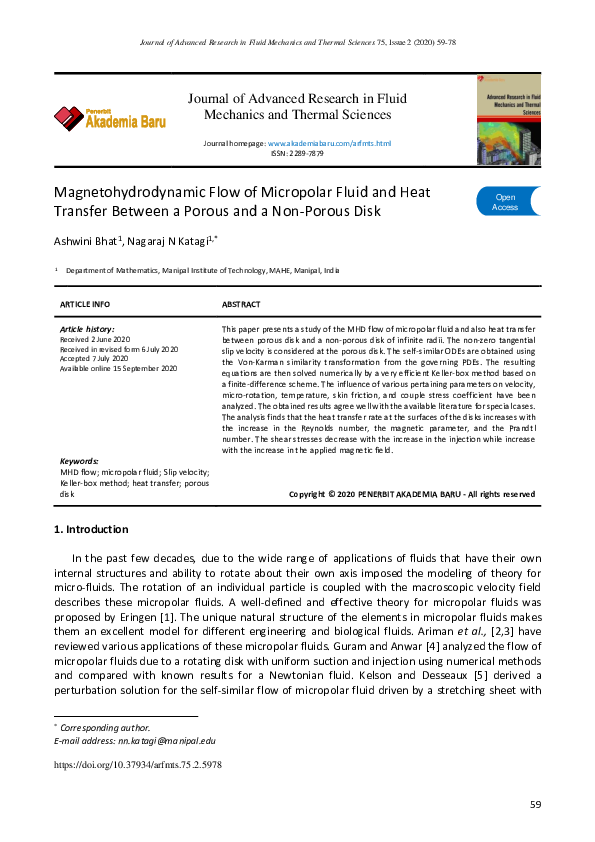 (PDF) Magnetohydrodynamic Flow of Micropolar Fluid and Heat Transfer ...