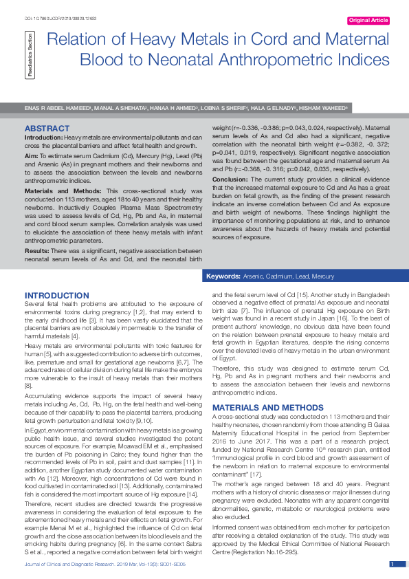 (PDF) Relation of Heavy Metals in Cord and Maternal Blood to Neonatal ...