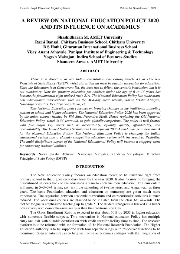 (PDF) A Review on National Education Policy 2020 and Its Influence on ...