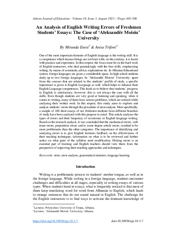 (PDF) An Analysis of English Writing Errors of Freshmen Students ...