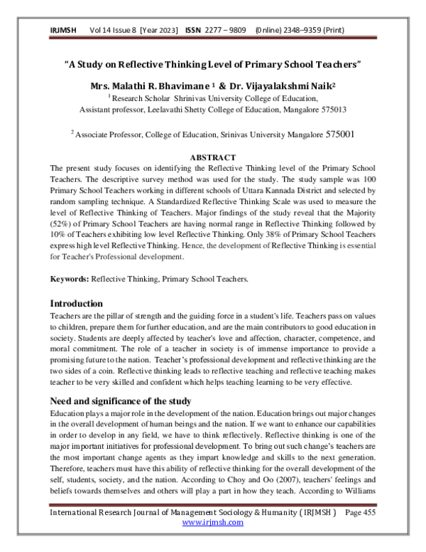 (PDF) "A Study on Reflective Thinking Level of Primary School Teachers"