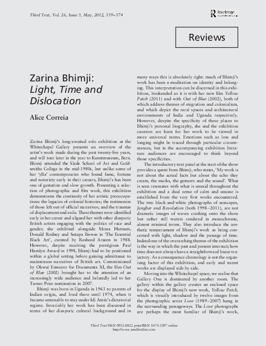 (PDF) Zarina Bhimji: Light, Time and Dislocation