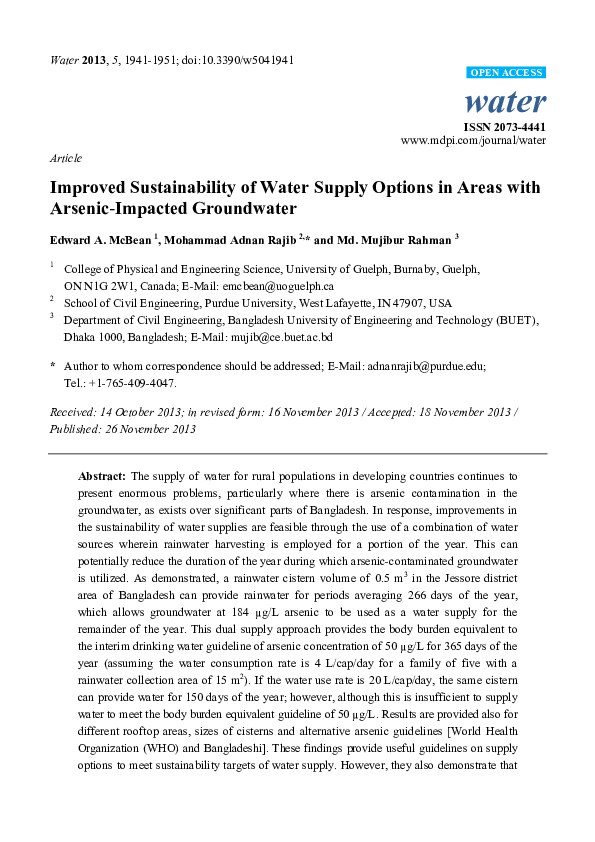 (PDF) Improved Sustainability of Water Supply Options in Areas with ...