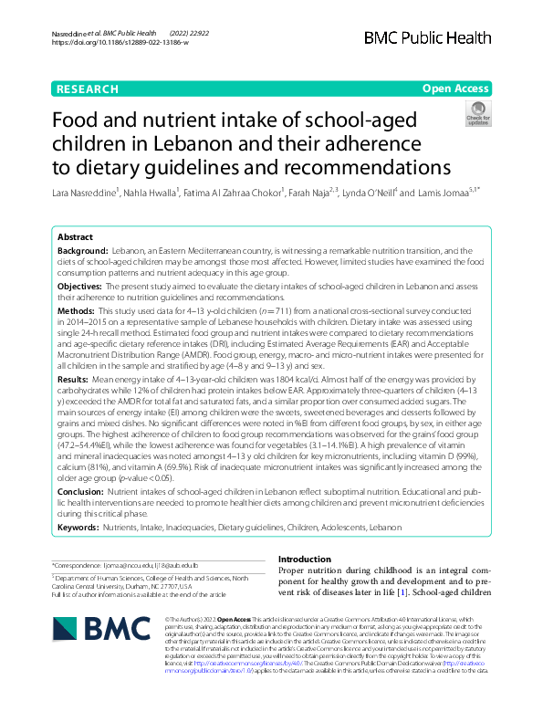 (PDF) Food and nutrient intake of school-aged children in Lebanon and ...