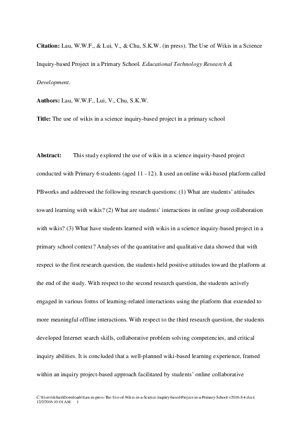 (PDF) The use of wikis in a science inquiry-based project in a primary ...