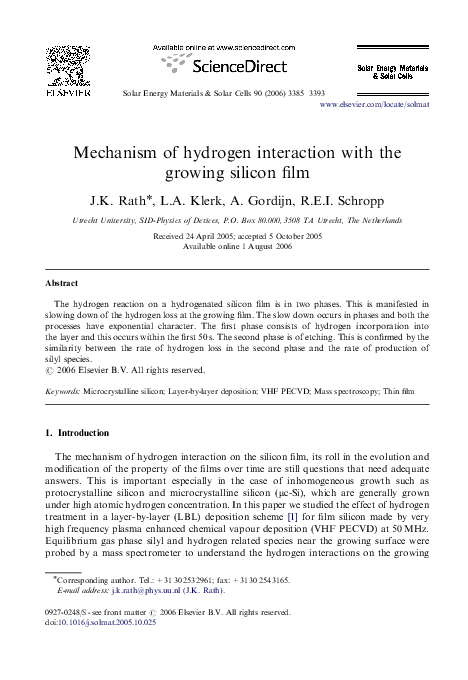 (PDF) Mechanism of hydrogen interaction with the growing silicon film