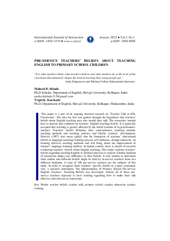 (PDF) Pre-Service Teachers'Beliefs About Teaching English to Primary ...