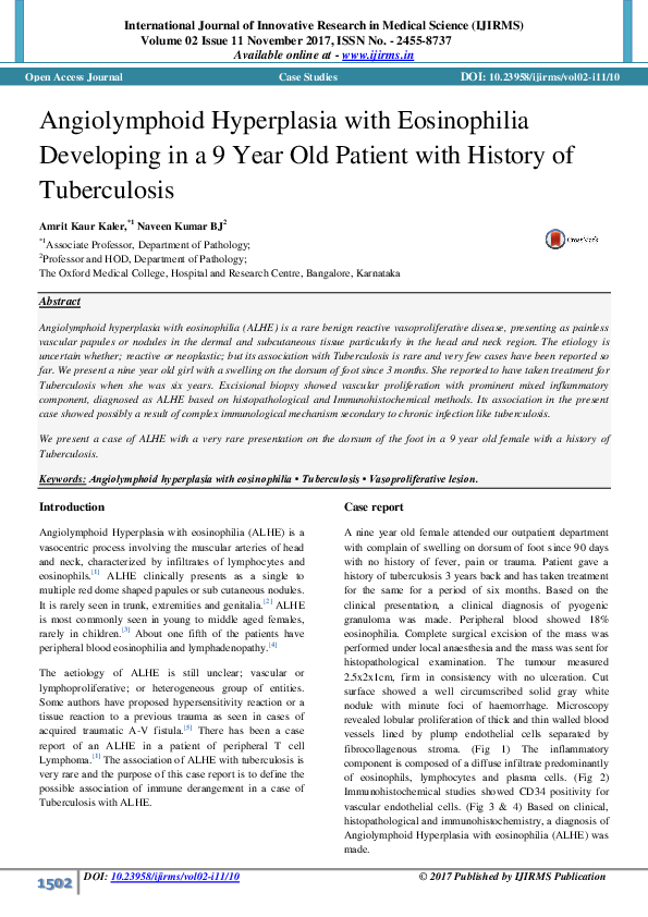 (PDF) Angiolymphoid Hyperplasia with Eosinophilia Developing in a 9 ...