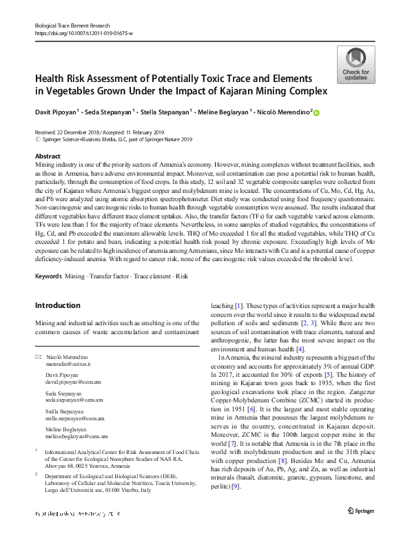 (PDF) Health Risk Assessment of Potentially Toxic Trace and Elements in ...
