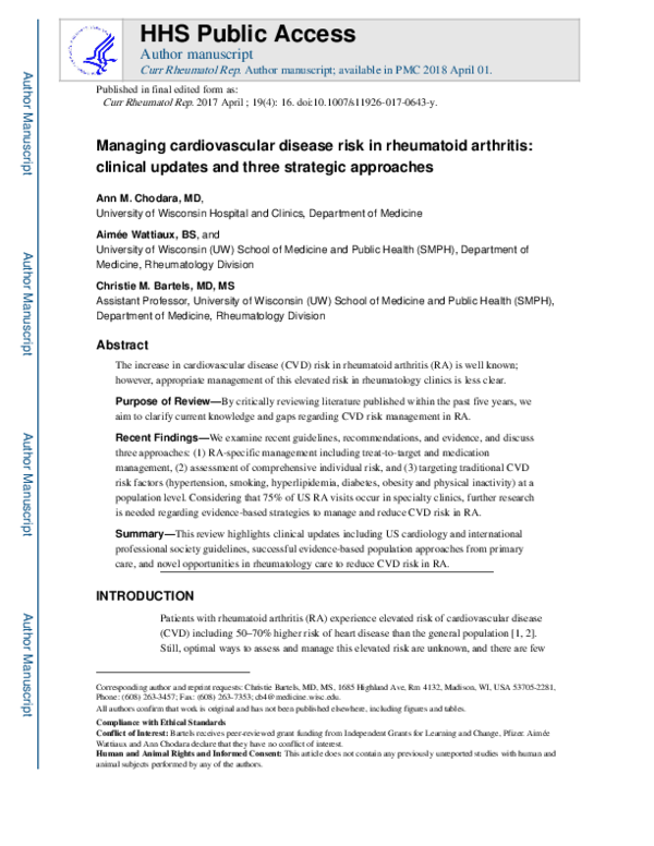 (PDF) Managing Cardiovascular Disease Risk in Rheumatoid Arthritis ...
