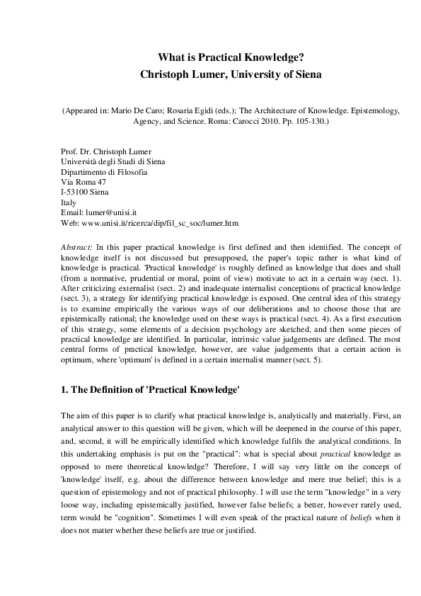 (PDF) What is Practical Knowledge? Christoph Lumer, University of Siena