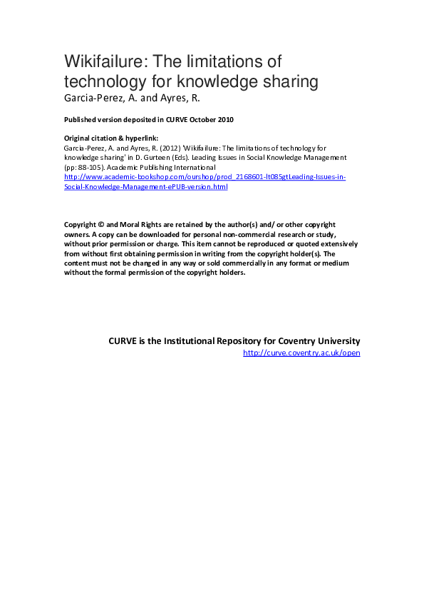 (PDF) Wikifailure: The limitations of technology for knowledge sharing
