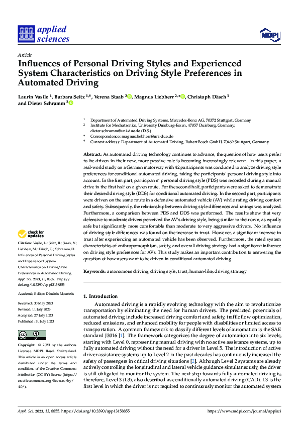 (PDF) Influences of Personal Driving Styles and Experienced System ...