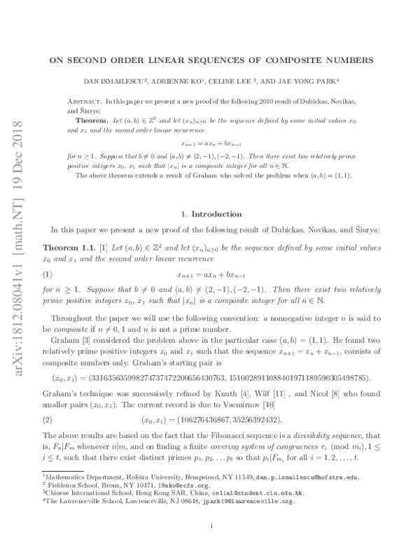 (PDF) On second order linear sequences of composite numbers