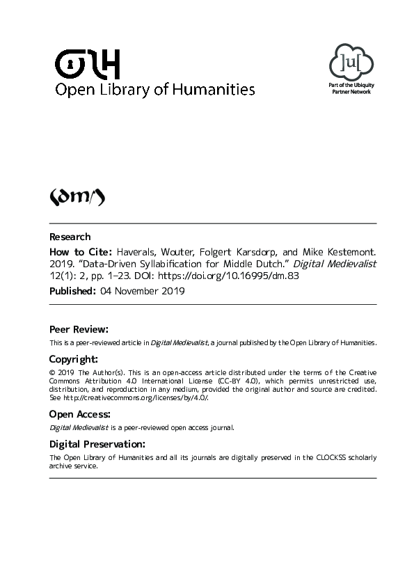 (PDF) Data-Driven Syllabification for Middle Dutch
