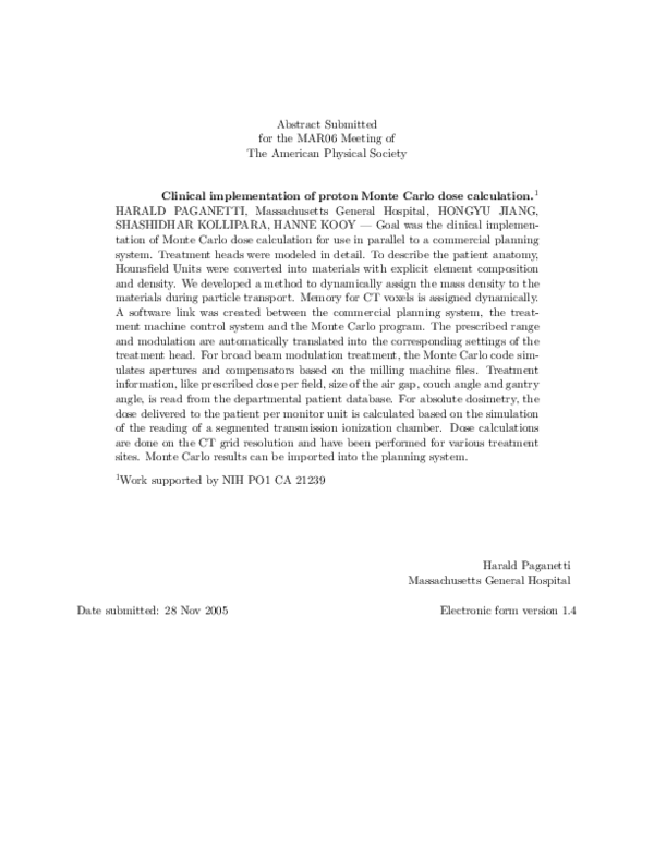 (PDF) Clinical implementation of proton Monte Carlo dose calculation