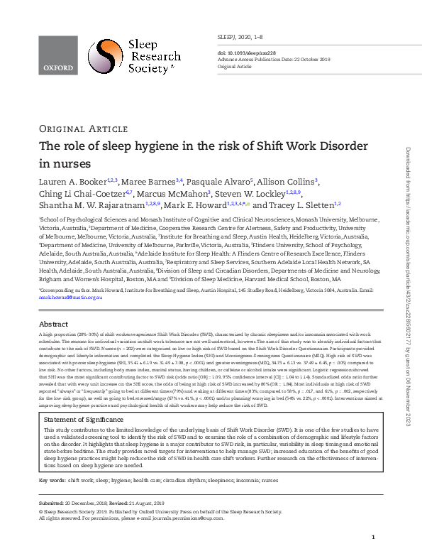 (PDF) The role of sleep hygiene in the risk of Shift Work Disorder in ...