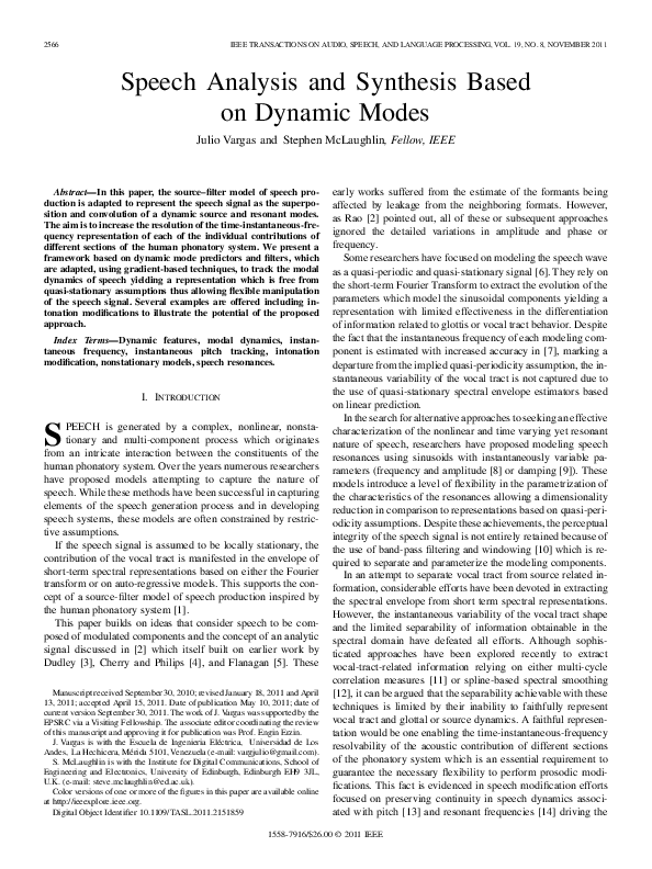 (PDF) Speech Analysis and Synthesis Based on Dynamic Modes