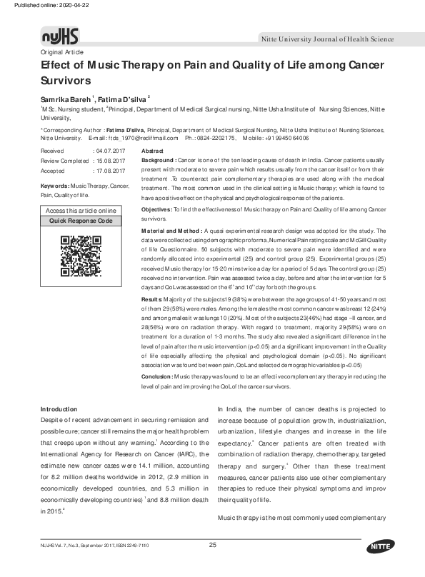 (PDF) Effect of Music Therapy on Pain and Quality of Life among Cancer ...