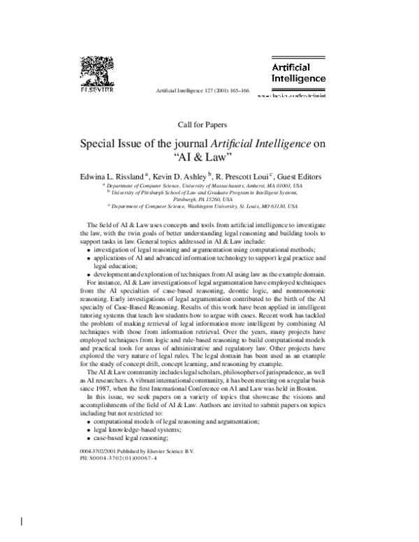 (PDF) Special Issue of the journal Artificial Intelligence on “AI & Law”
