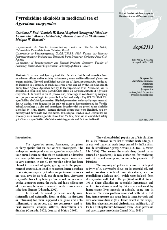 (PDF) Pyrrolizidine alkaloids in medicinal tea of Ageratum conyzoides