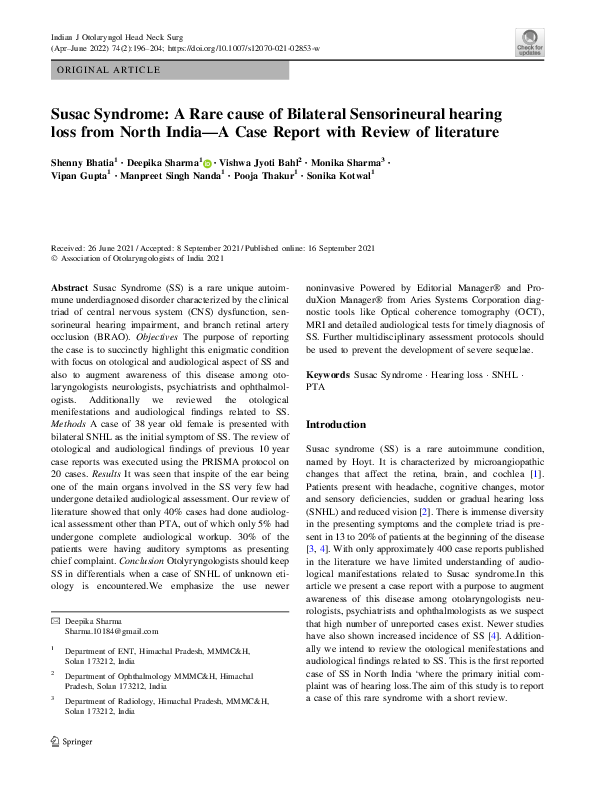 Susac Syndrome: A Rare cause of Bilateral Sensorineural hearing loss ...