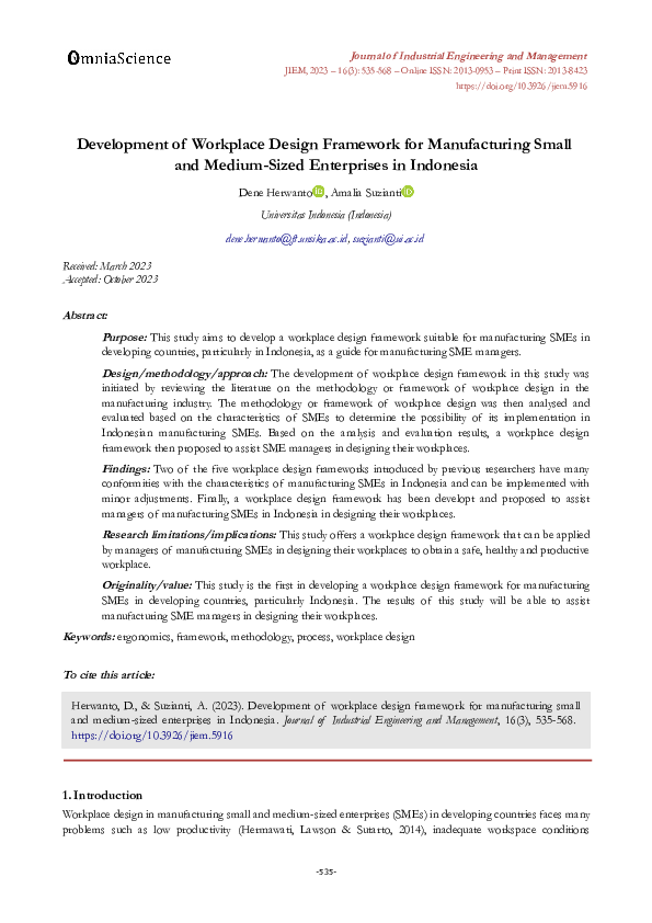 (PDF) Development of workplace design framework for manufacturing small ...