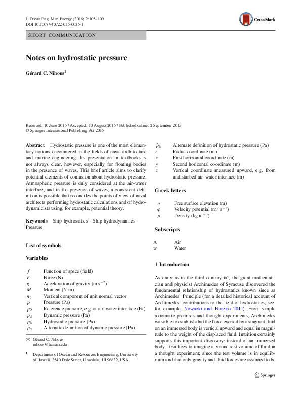 (PDF) Notes on hydrostatic pressure
