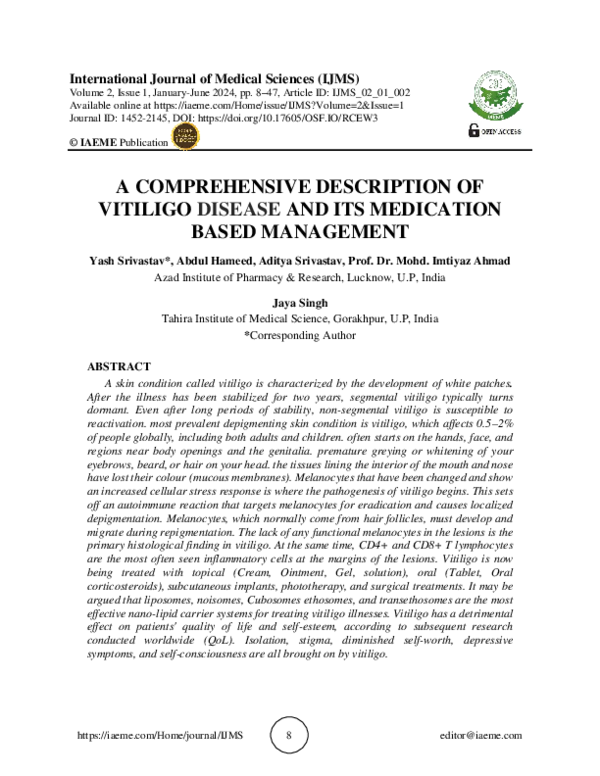(PDF) A COMPREHENSIVE DESCRIPTION OF VITILIGO DISEASE AND ITS ...